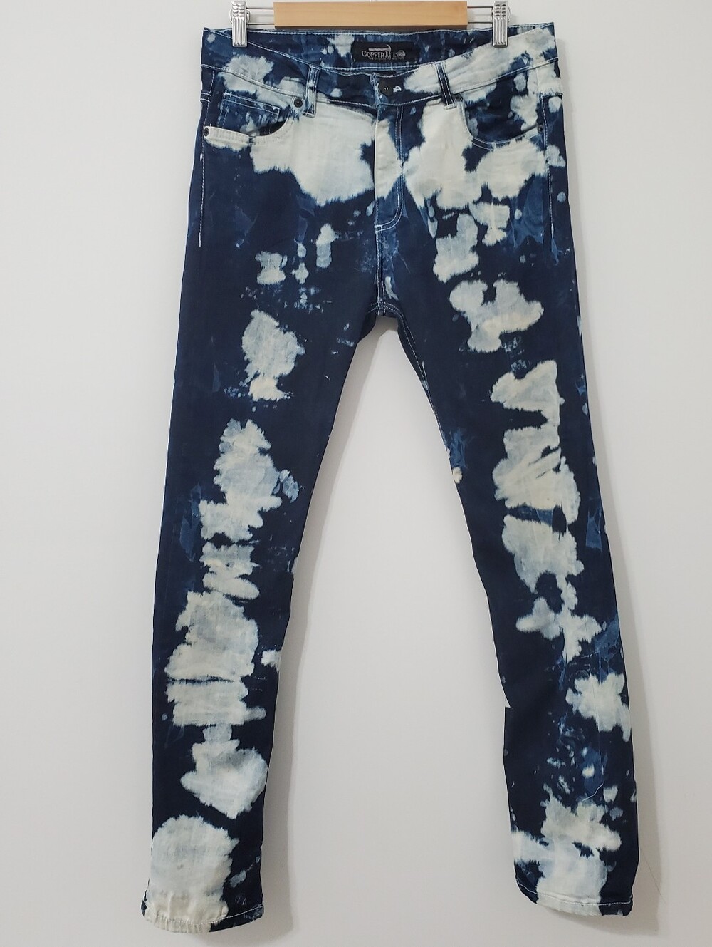 Copper Rivet Mens Dark Wash Bleach Blob Tie-Dye Slim Straight Fit Jeans 32 Waist